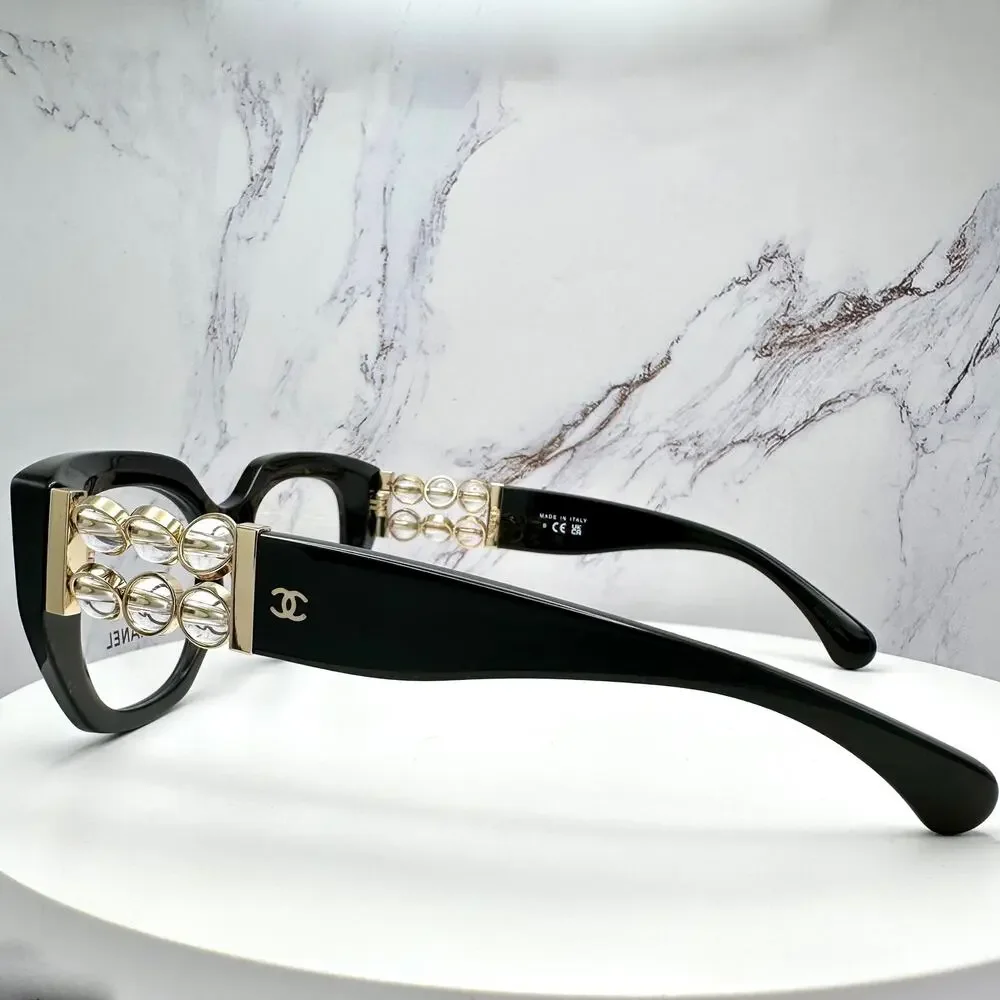 New CHANEL Eyeglasses Black Gold Cat Eye Clear Rotating Pearls 52mm - Picture 11 of 15